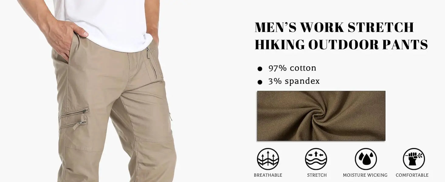 TACVASEN Safari Ripstops Multi-Pockets Work Pants Mens Outdoor Cargo Pants Spring Autumn Casual Cotton Hiking Combat Trousers