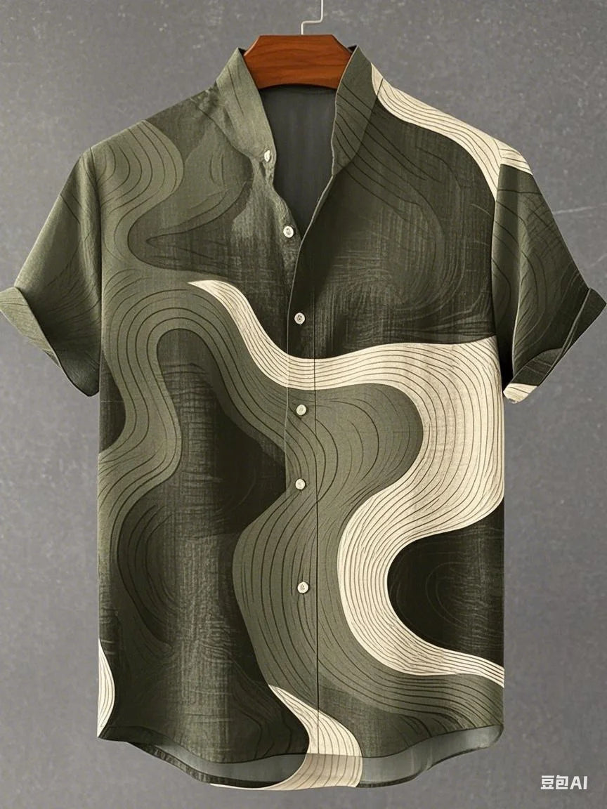 Chemise à manches longues et col montant pour homme, nouvelle collection printemps-automne, imprimée en 3D, rayures irrégulières