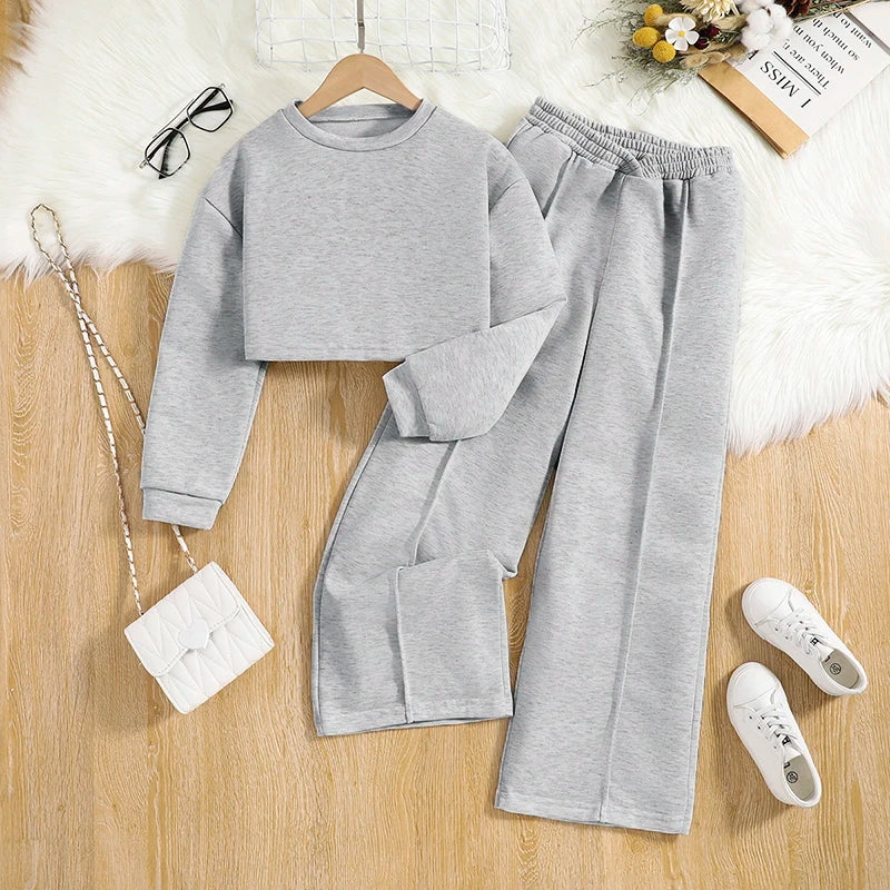 Spring Autumn Kids High Quality Clothes Sets For Girls Solid Color Cropped Top And trousers Brief Causal Style Loose Comfortable