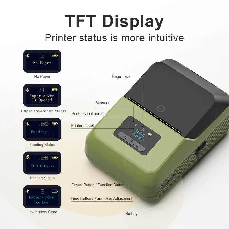 DETONGER DP27S 2inch Mini Thermal Printer No Ink Wireless Connect Compatible iOS Android for Home&Office Cable Sticker Printer