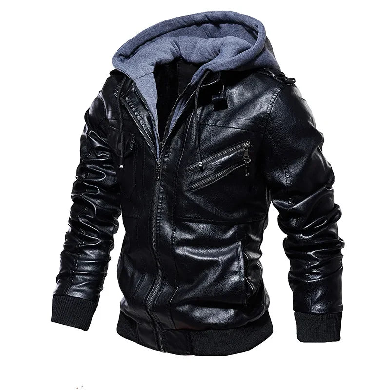 New Style Spring Antumn Men Brown Leather Motorcycle Jacket with Removable Hooded Male PU Jacket Coat EU Size High Quality