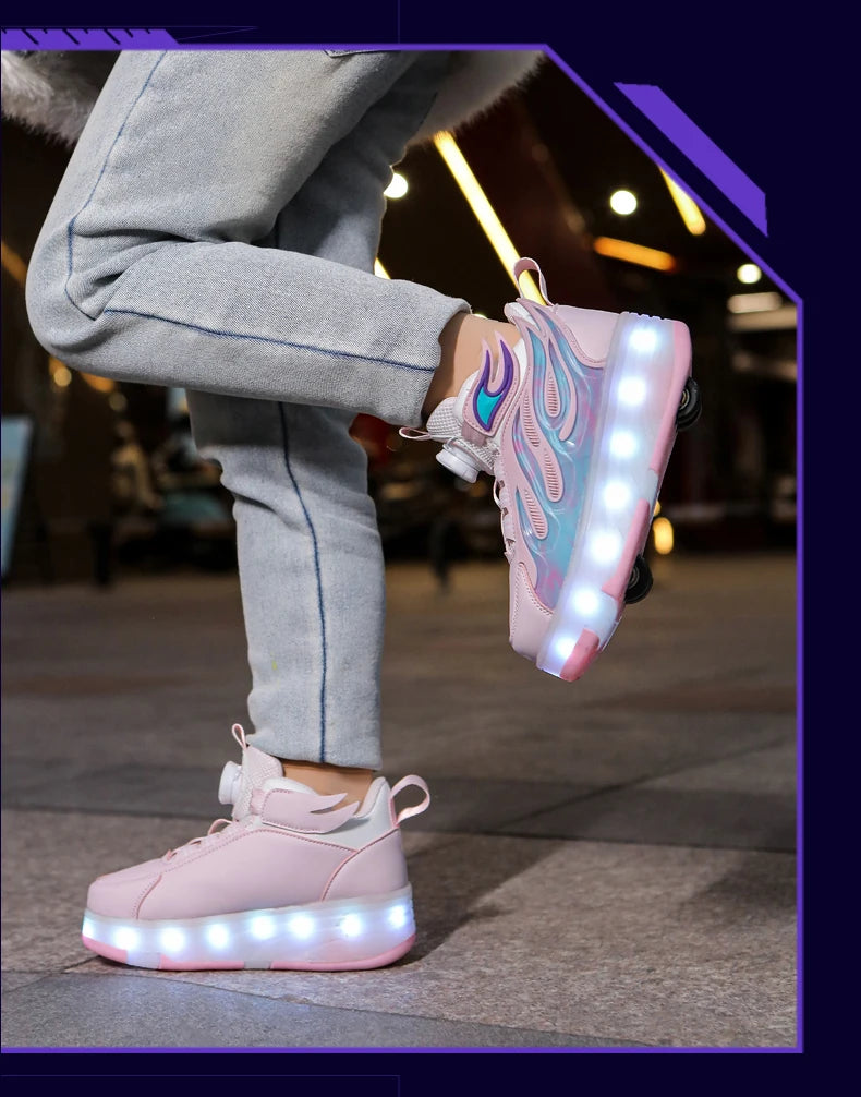 2025 New children's four-wheel novice light up rotary button automatic shrinkage fast walking shoes for boys sneakers