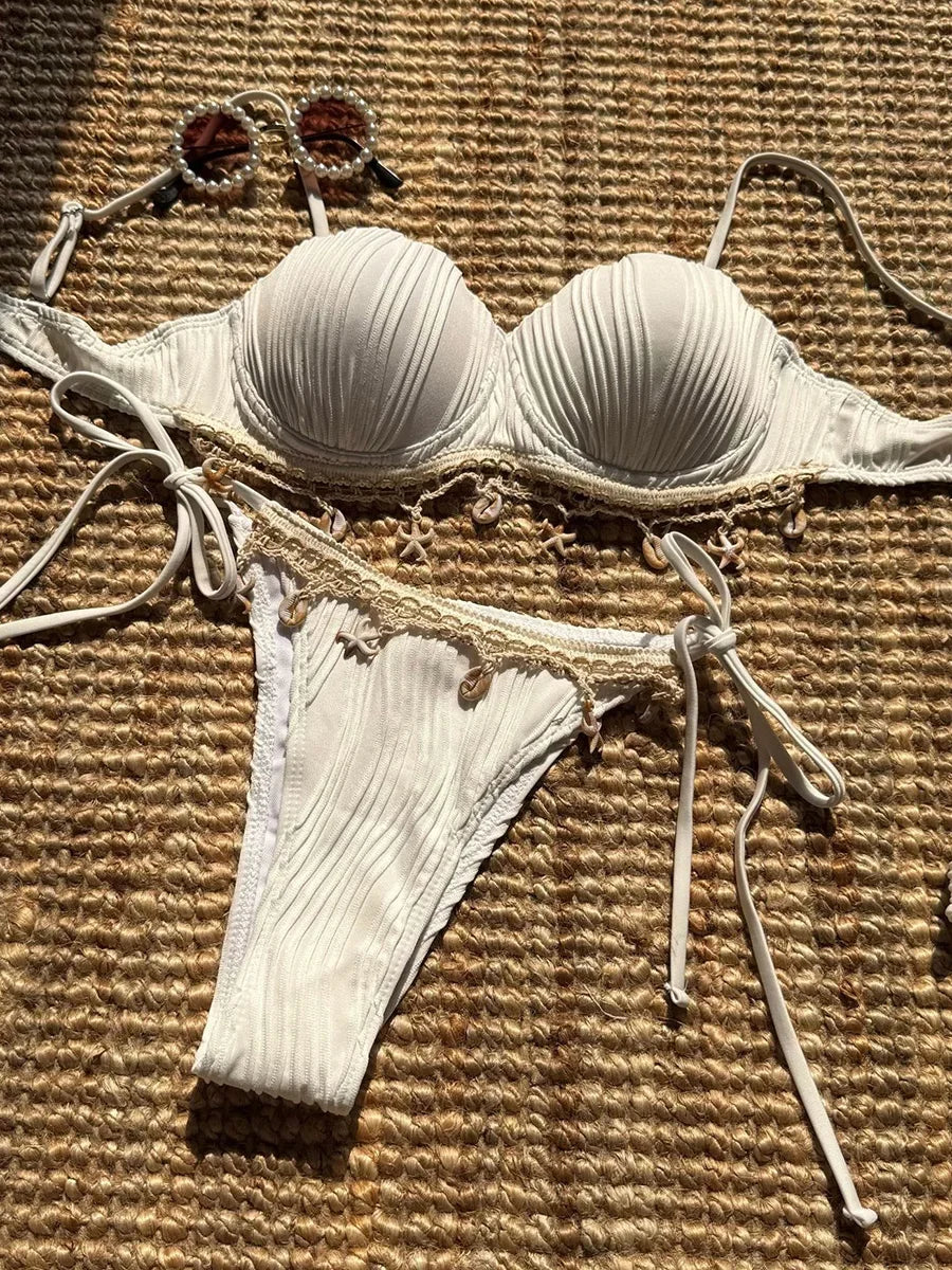 Shell Scalloped Wrinkled Underwired Bra Cup Bikini Female Swimsuit Women Swimwear Two-pieces Bikini Set Push Up Bathing Suit