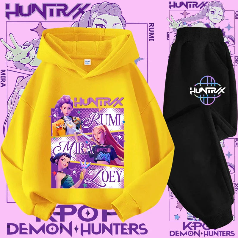 K-pop Demon Hunter New Children's Hoodie Set - Cute Girls' Casual Top for Kids,Boys' Sports Shirt with Cartoon Print-2-Piece Set