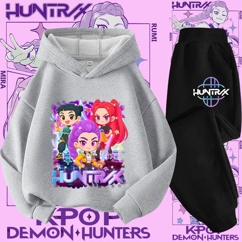 K-pop Demon Hunter New Children's Hoodie Set - Cute Girls' Casual Top for Kids,Boys' Sports Shirt with Cartoon Print-2-Piece Set