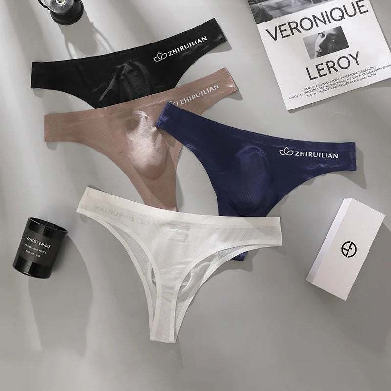 Men's Thongs Low Waist Underwear Sexy Ice Silk T-Back Panties Breathable Quick Drying G-string Seamless Ultra-thin Underpants