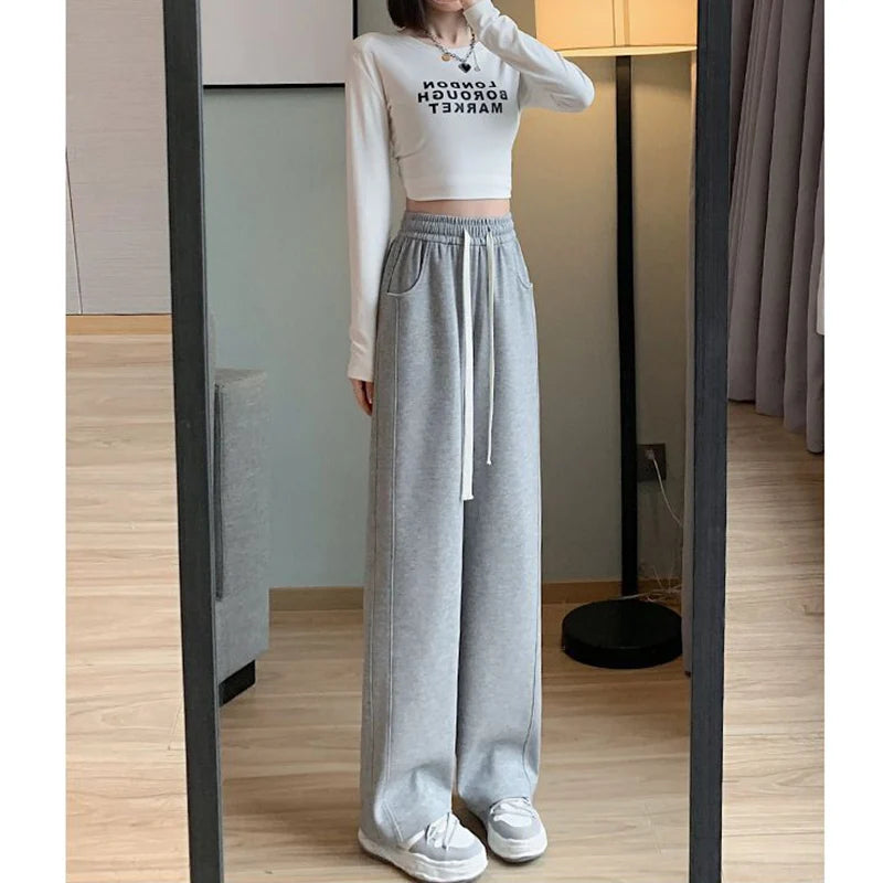 Lady Casual Daily High Waisted Sweatpants Women Drawstring Straight Leg Pants Girls Korean Slim Fit Thin Trousers