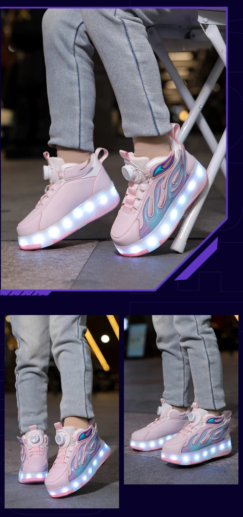 2025 New children's four-wheel novice light up rotary button automatic shrinkage fast walking shoes for boys sneakers