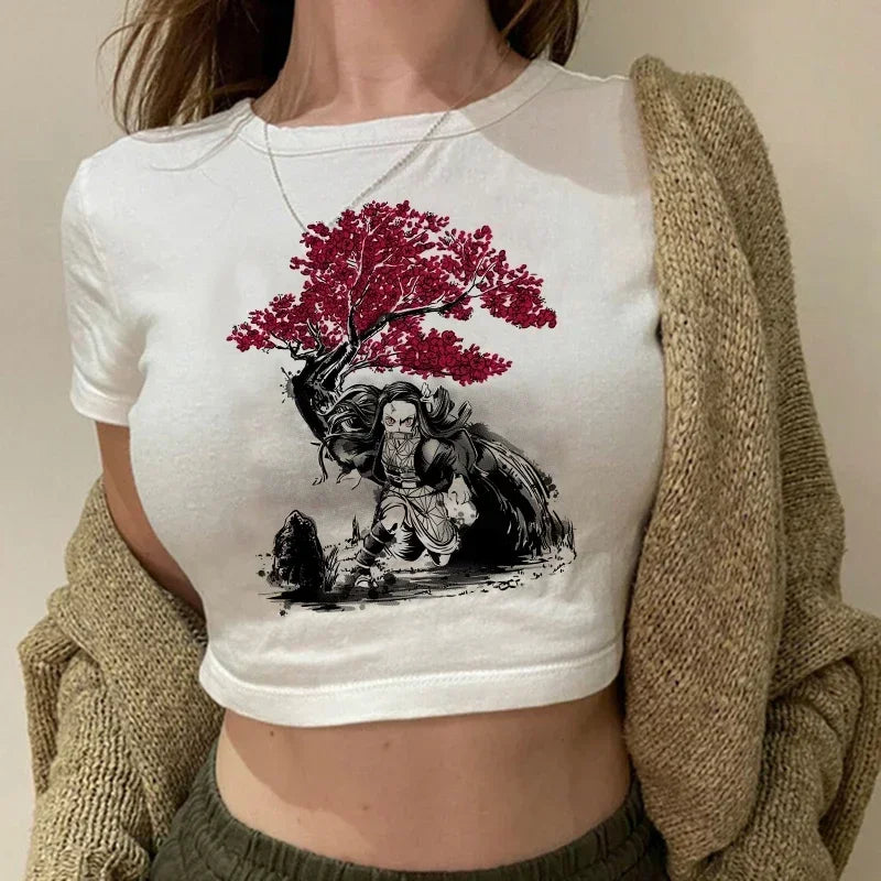 90s Manga Kimetsu No Yaiba Crop Top Demon Slayer T Shirt Women Y2k Nezuko Japanese Anime Tshirt Tanjirou Kamado Cropped Female