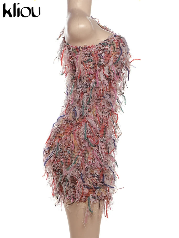 kliou Stacked Pleated Women Mini Dress 2024 New Stunning O-neck Body-shaping Patchwork Vestidos Female Attractive Party Frock