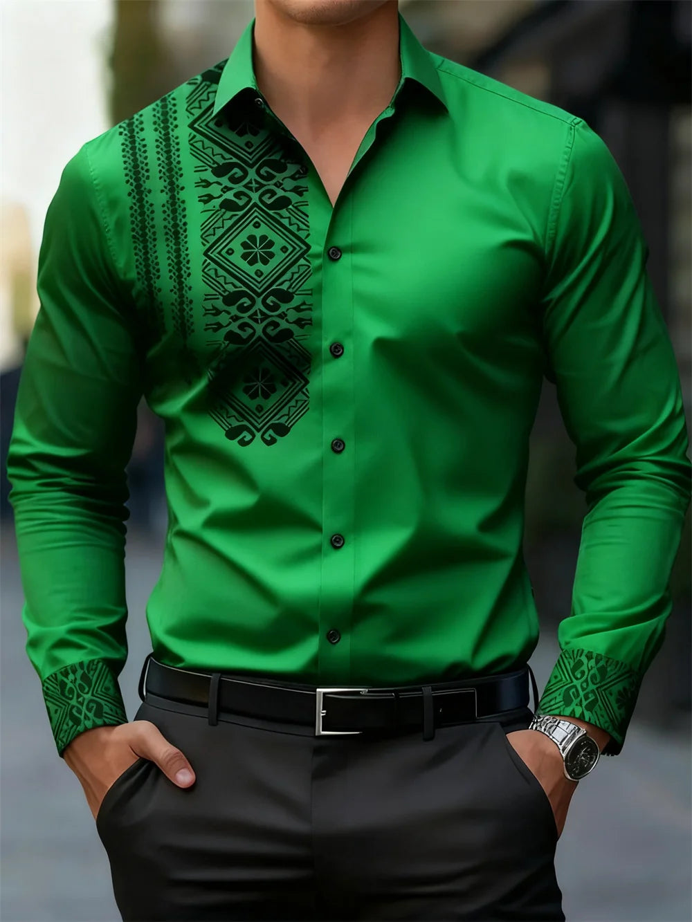 Men's black and white paisley printed casual shirt, suitable for business, daily office wear, and casual wear