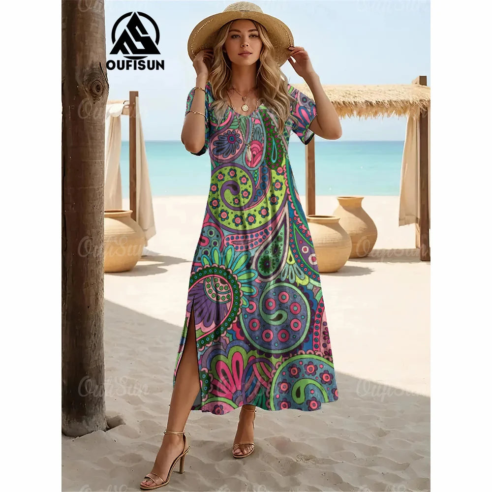 Elegant Womens Dresses Summer V-Neck Women's Clothing Vintage Woman Long Dress Fashions Evening Dress Loose Oversize Pullover