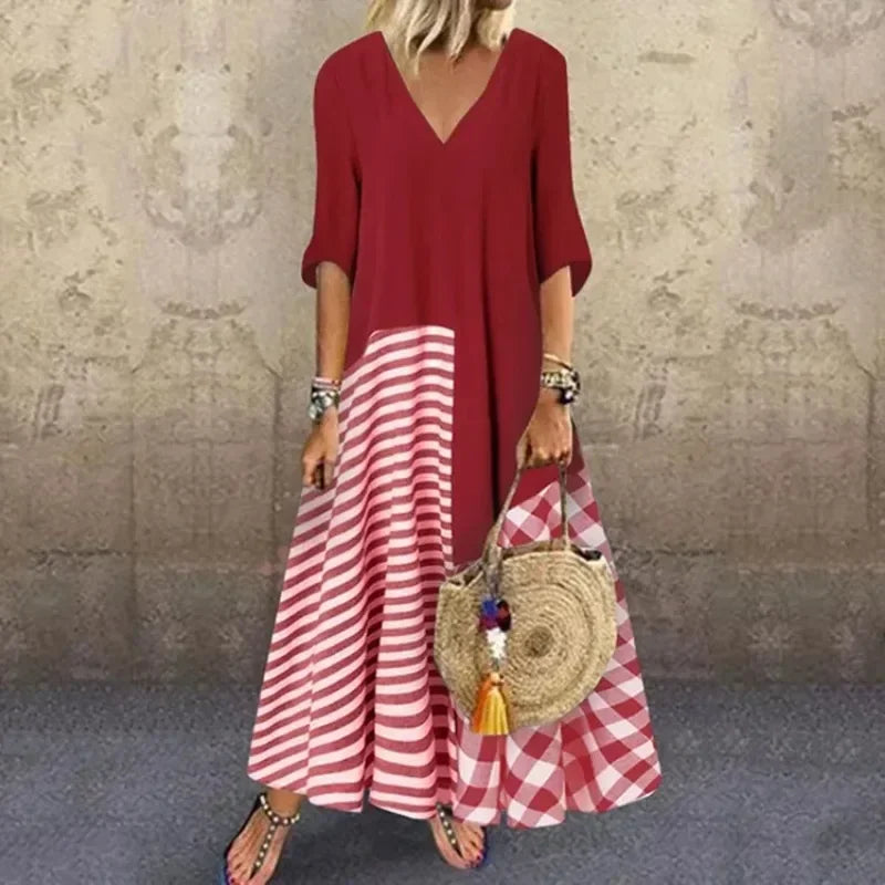 Women's S-5XL size Classic striped shirt dress casual and elegant V-neck short sleeved plain printed dress long casual dress