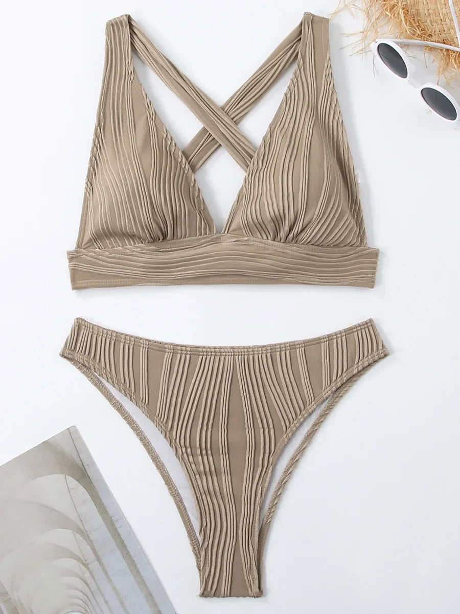 2025 Wrinkled Crinkled Bikini Women Swimwear Female Swimsuit Two-pieces Bikini Set High Cut Bathing Suit Swim Beach Wear Lady