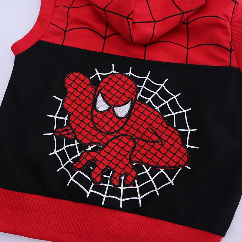 3pcs Cartoon Print Spiderman Cosplay Costume Autumn Kids Boys Sleeveless Hooded Vest +T Shirt+Pant Tracksuit Children Outfits