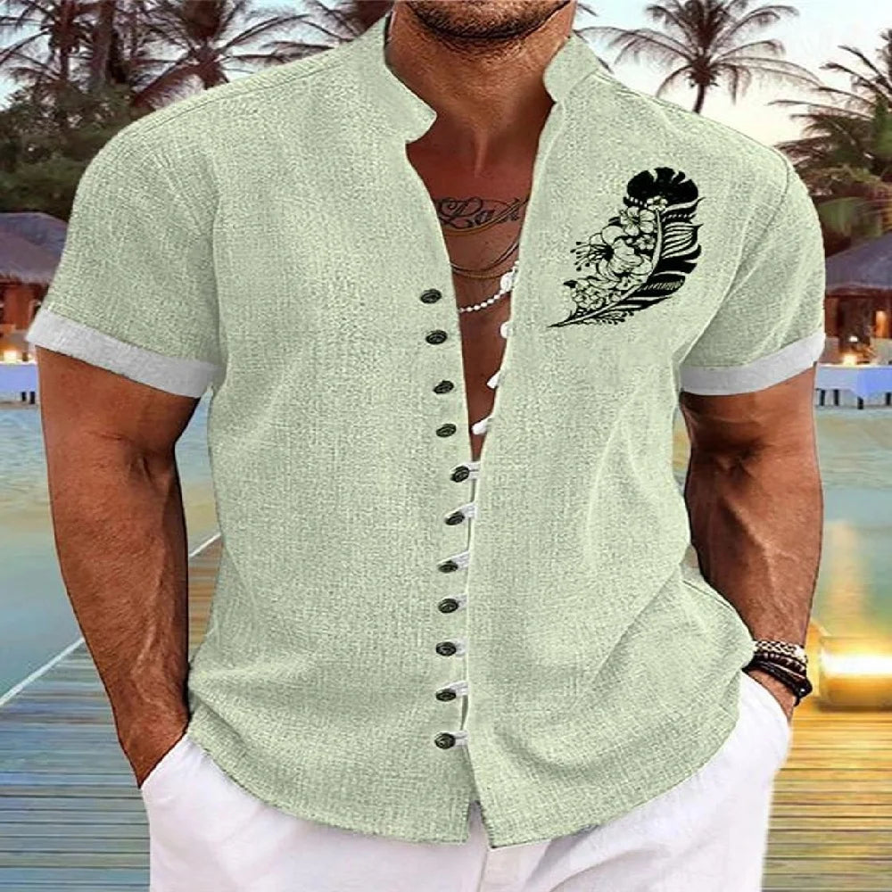 New men's linen short-sleeved shirt, with a fashionable retro style, ethnic motif printing, comfortable and breathable. Men's sh