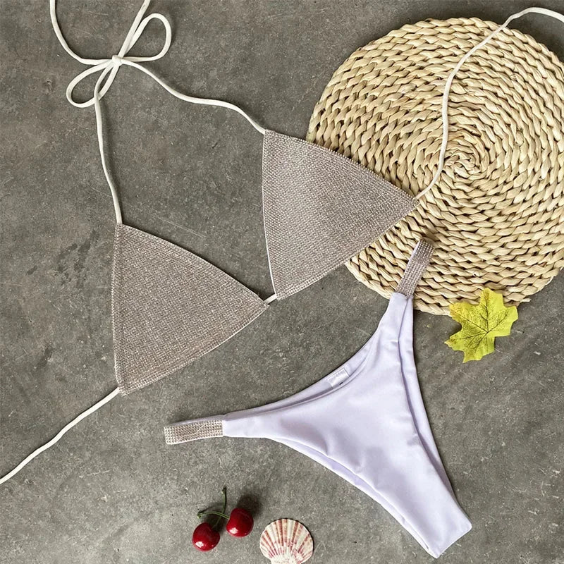 Halter Jewelled Sequins Diamond Bikini Women Swimsuit Female Swimwear Two Pieces Bikini Set Mini Micro Bathing Suit Swim Lady