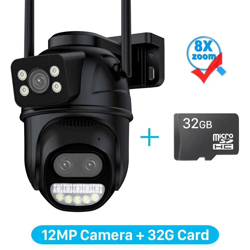 12MP 6K HD WiFi IP Camera Outdoor 8X Zoom Three Lens Dual Screen PTZ Camera Auto Tracking 6MP Security CCTV Surveillance Camera