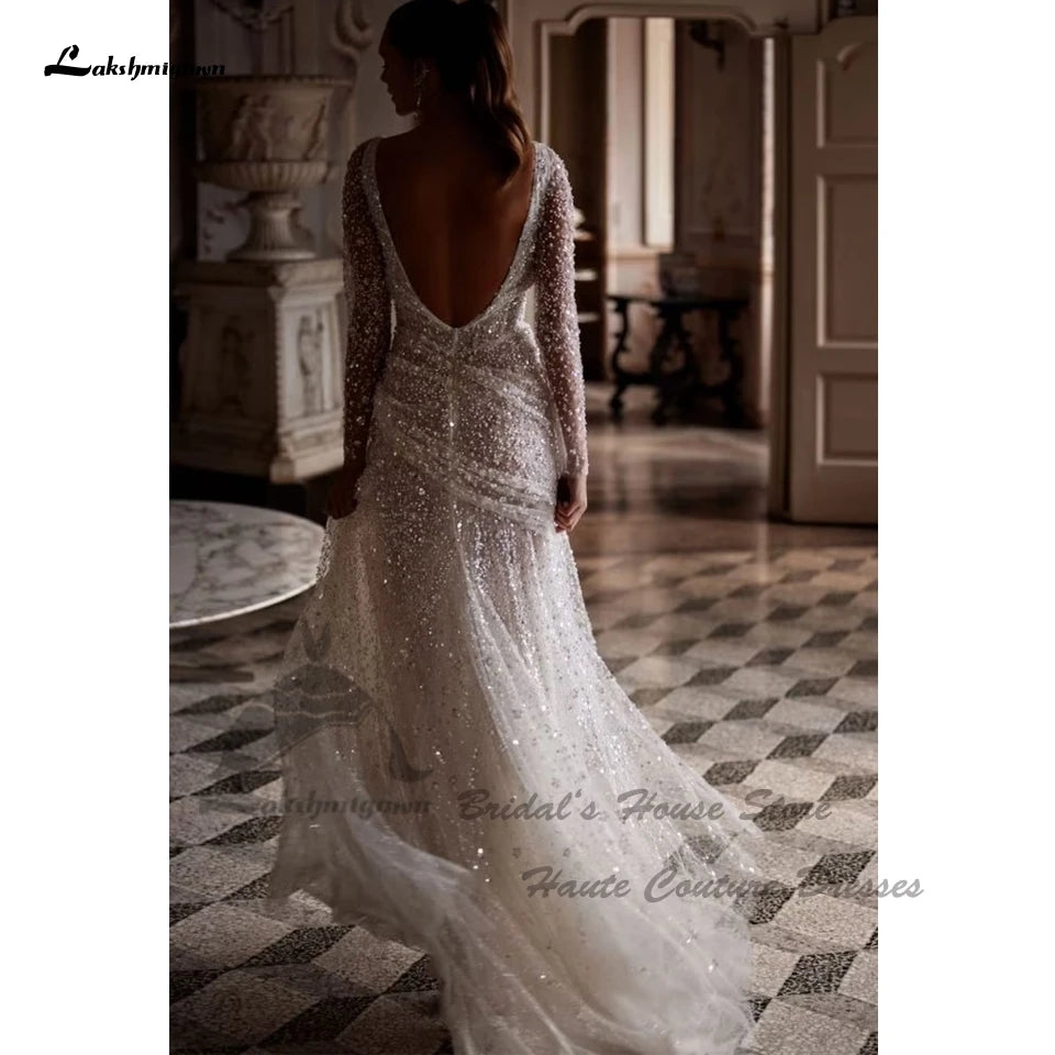 Lakshmigown Luxury Beading Mermaid Wedding Gowns High Split 2024 Brautkleid Customized Beach Bridal Dress Long Sleeves