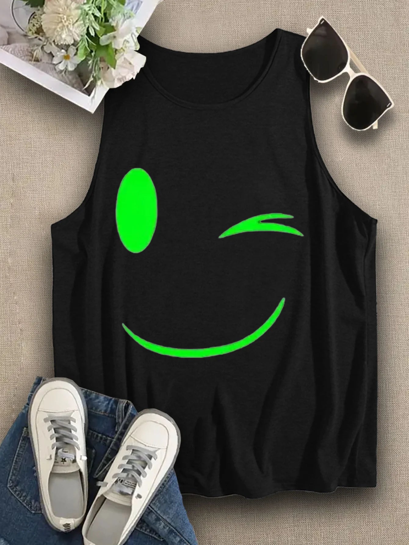 Loose plus size wing pattern printed round neck white vest summer casual sleeveless top women's clothing