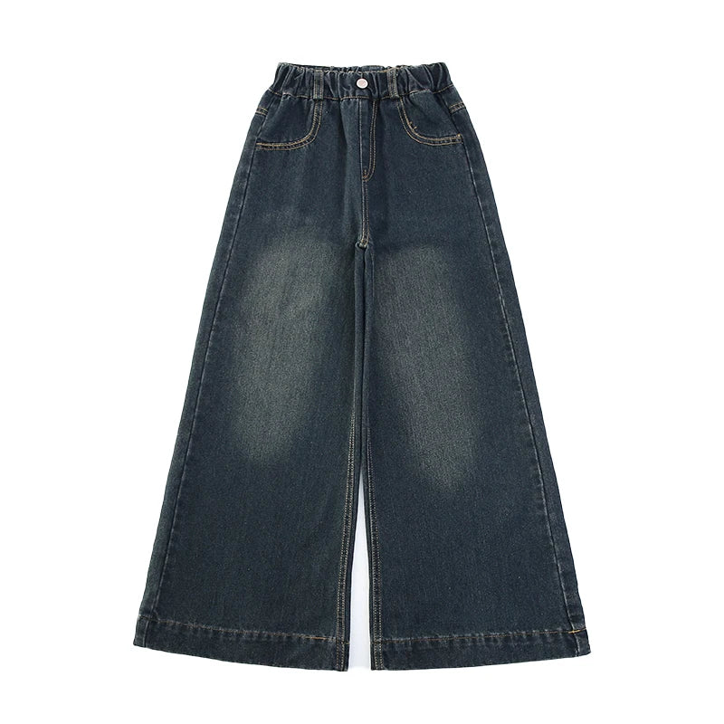 Child Fashion High-Waisted Wide-Leg Jeans For Tween Girls Streetwear Loose Denim Pants Kids Washed Dark Blue Jeans Trousers 5-14