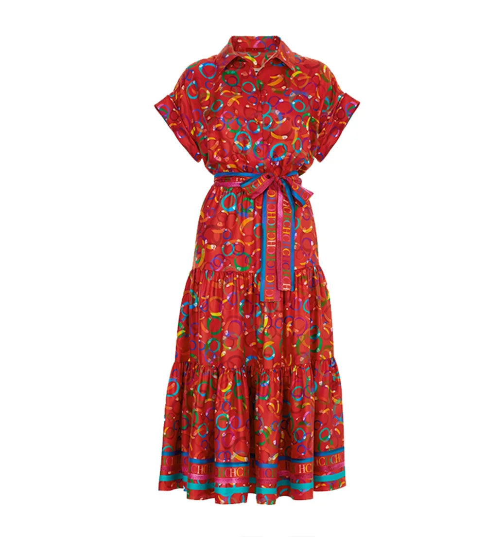 CHCH 2024 Women Elegant Floral Print Long Dresses Summer Midi V Neck Lace-up Dress Female Casual Short Sleeve Dress Vestidos