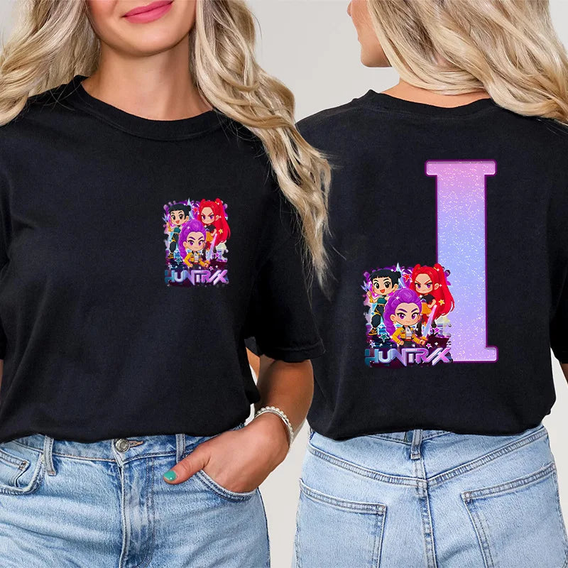 Fashion A-Z 26 Letter T-Shirts Kpop Demon Hunters Graphic Aesthetic Clothing Women T-Shirt Harajuku Female Clothing Y2k Tops