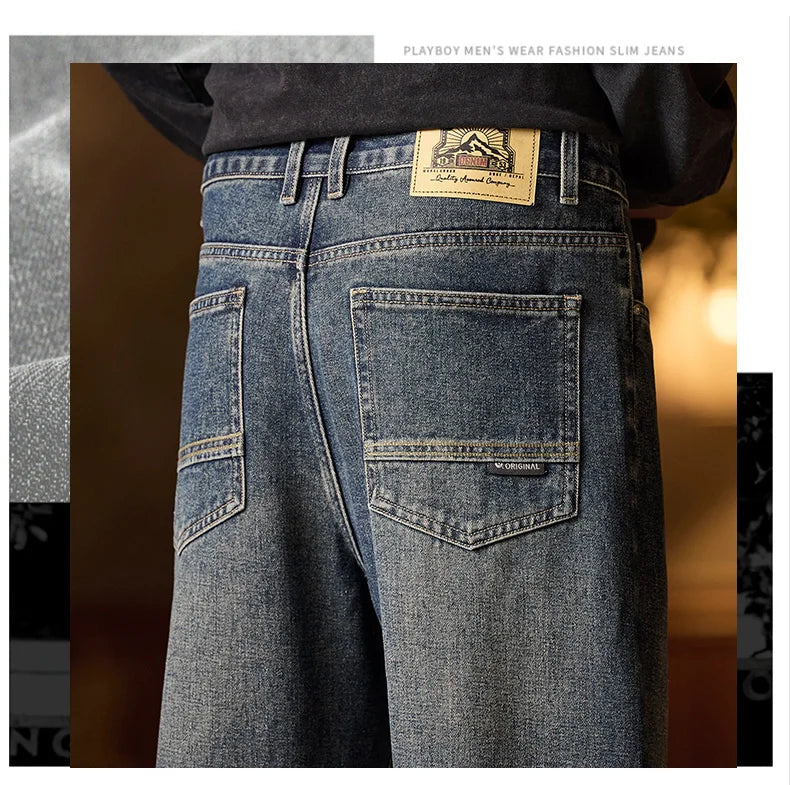 Mens Elastic Waist Jeans Relaxed Fit Men's Blue Jeans with Elastic Waist with Zipper and Button