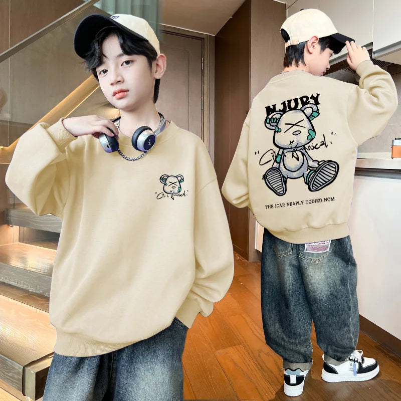 2025 Kids Clothes Boys Cartoon Bear Sweatshirts Loose Sports Round Neck Tops Autumn Clothing T Letter Printed Long-sleeve Hoodie