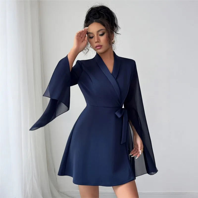 2025 Office Dress For Women Autumn Long Sleeve Formal Dress With Tied Waist Sexy V Neck Elegant Mini Dress Femme Korean Version