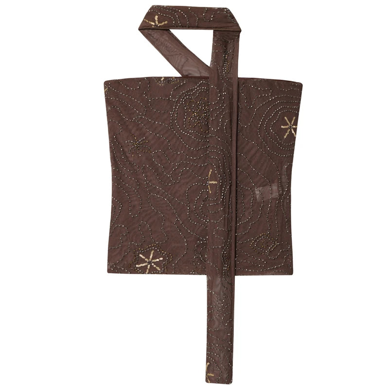 HXAO Women's Pants Spring Summer 2025 Beading Brown Trousers Sequins Translucent High Waist Pants Ladies Streetwear Casual Pants