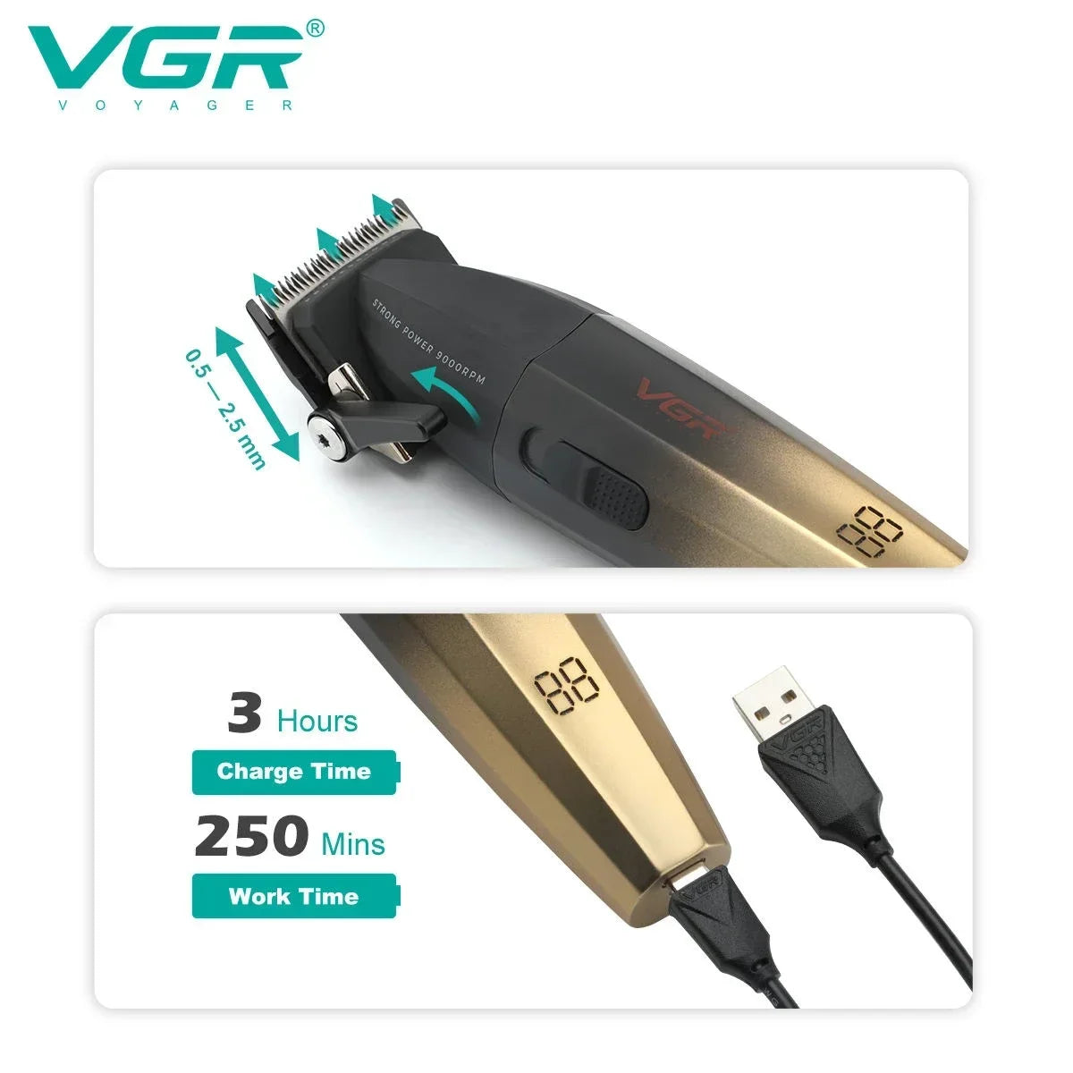 VGR Hair Trimmer Professional Barber Hair Cutting Machine Cordless Hair Clipper Haircut Digital Display Trimmer for Men V-003