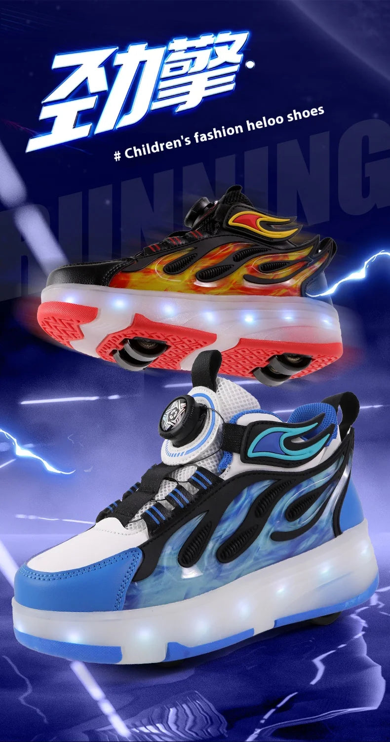 2025 New children's four-wheel novice light up rotary button automatic shrinkage fast walking shoes for boys sneakers
