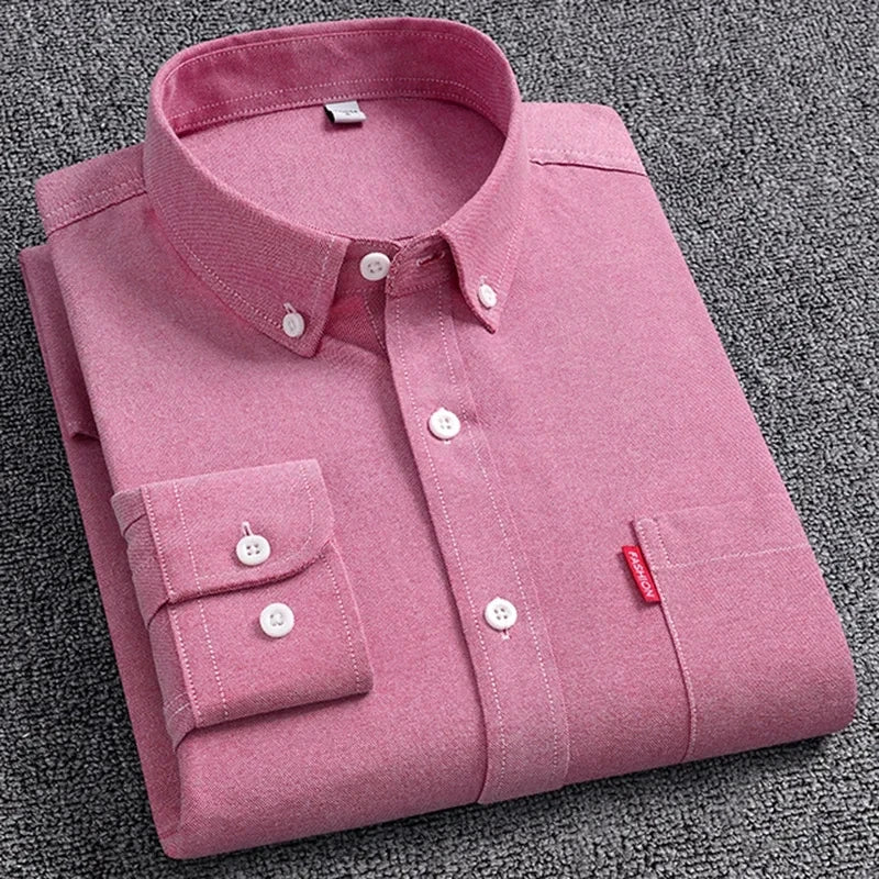 Men's Oxford Long Sleeve Shirts 100% Cotton Solid Color Turn Down Collar Regular Fit Daily Men Clothing Button-down Shirts 5XL