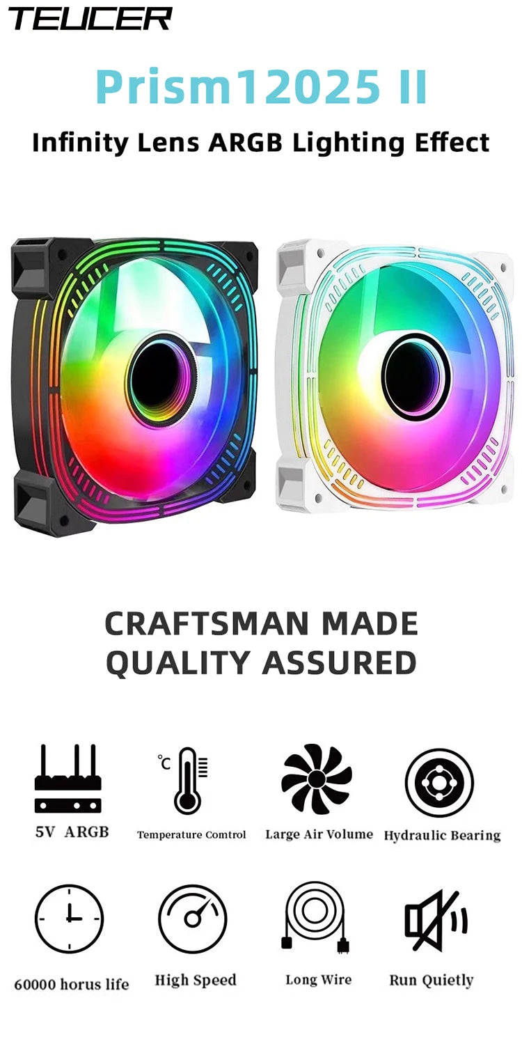 TEUCER Prism-2 1PCS/3PCS ARGB Case Fan, 120mm PWM 800-1600RPM 5V 3Pin RGB Gaming PC Cooling Fan