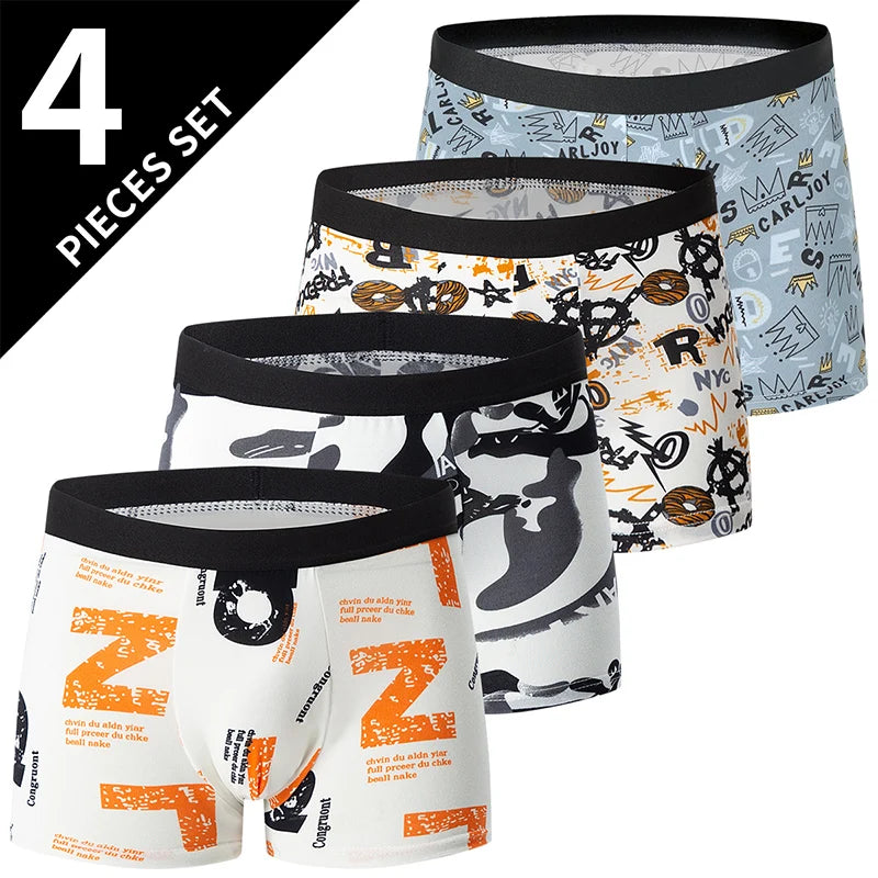 4-piece Set Of Men's English Letter Printed Underwear Breathable Fashionable Comfortable Plus Size Teenage Boxer Shorts Trendy