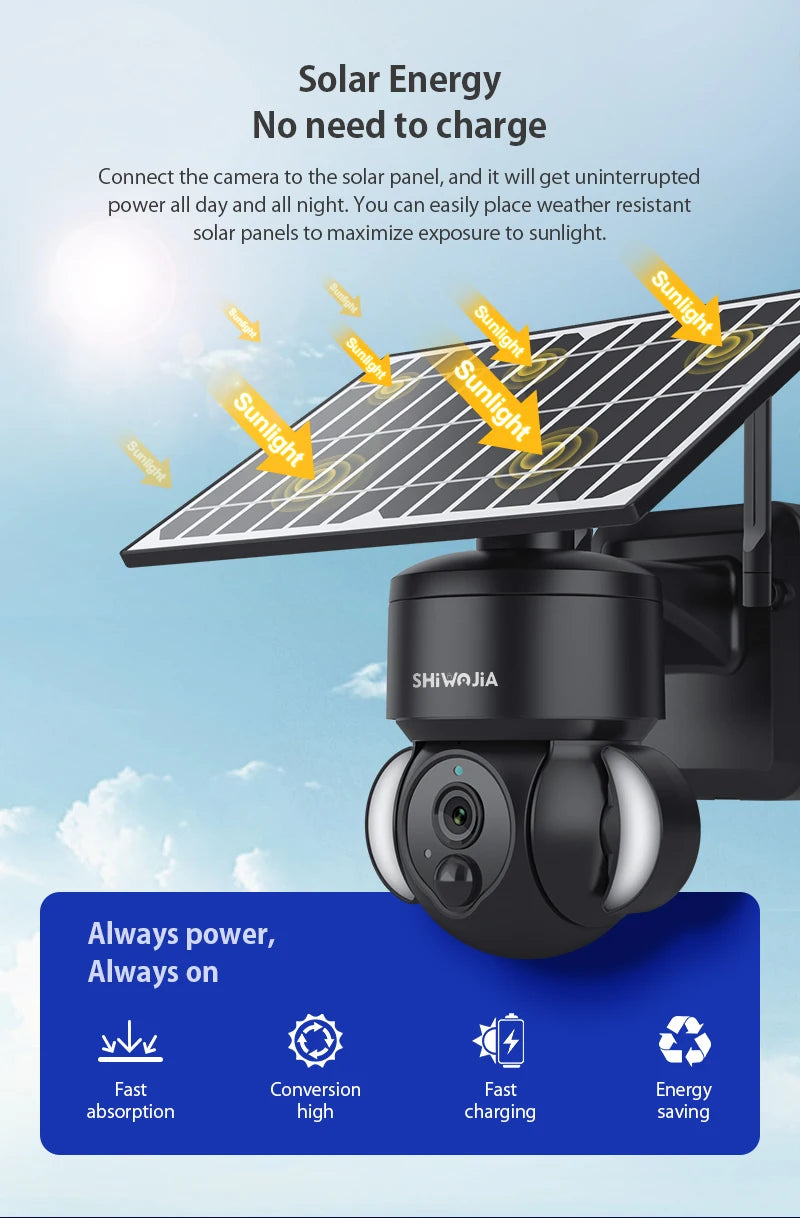 SHIWOJIA 4MP WIFI Solar Camera 4G Sim Card PIR Human Detection Solar Battery Security Camera CCTV Video Surveillance Outdoor Cam