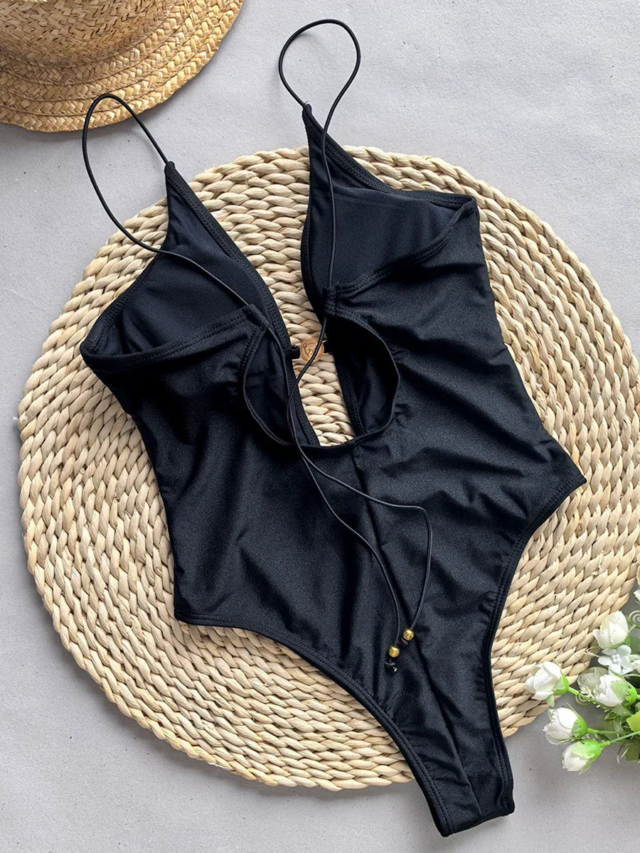 Sexy Deep V Neck Hollow Out One Piece Swimsuit Women Swimwear Female Backless Monokini High Cut Bather Bathing Suit Swim Lady