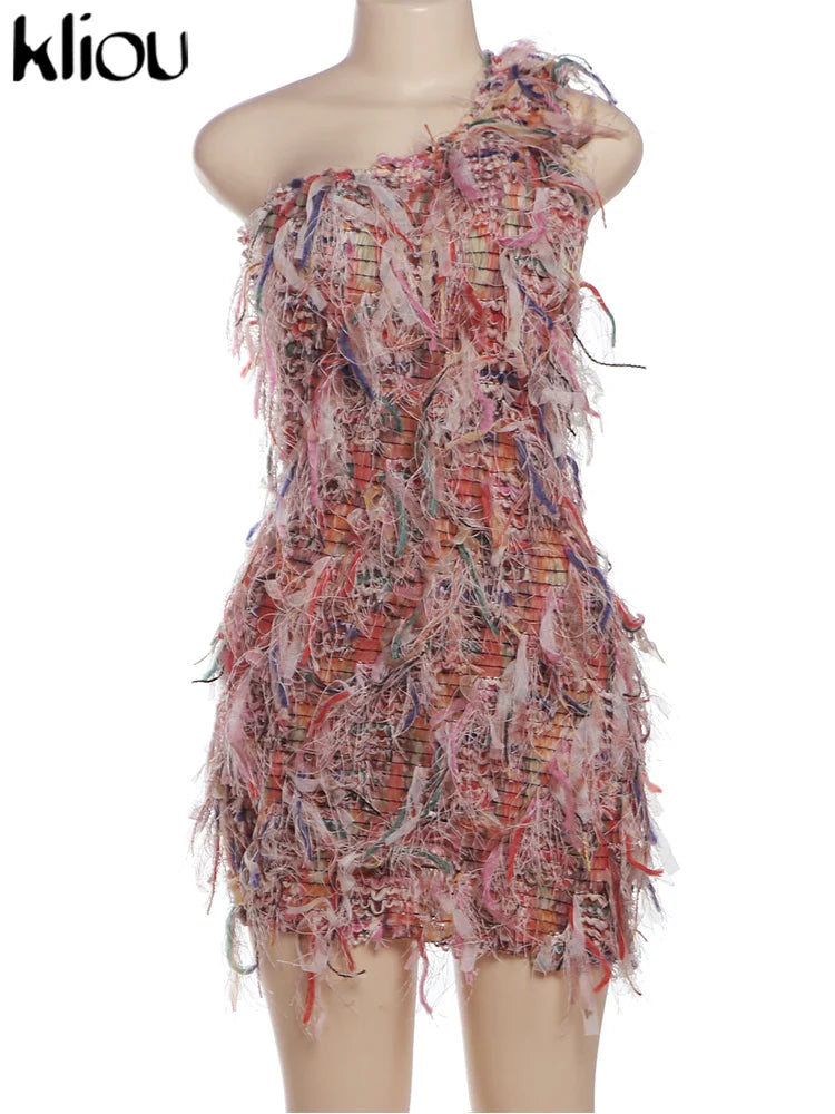 kliou Stacked Pleated Women Mini Dress 2024 New Stunning O-neck Body-shaping Patchwork Vestidos Female Attractive Party Frock