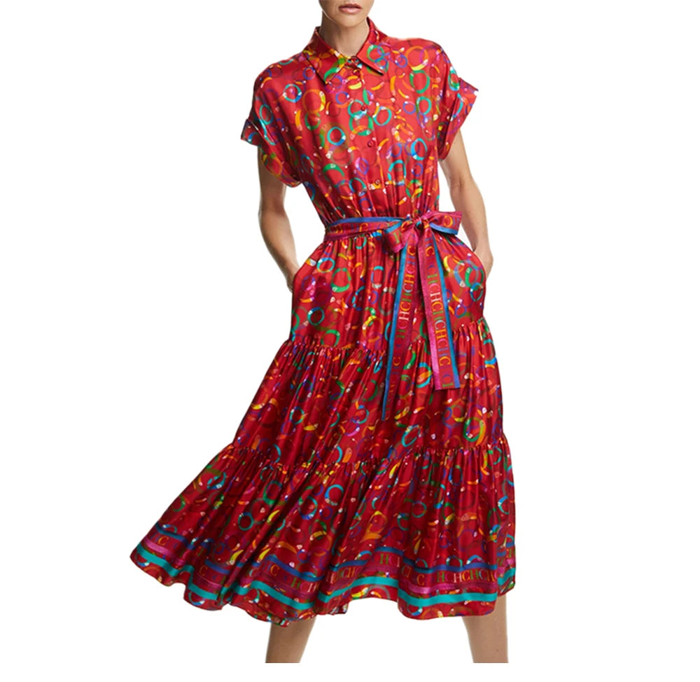 CHCH 2024 Women Elegant Floral Print Long Dresses Summer Midi V Neck Lace-up Dress Female Casual Short Sleeve Dress Vestidos