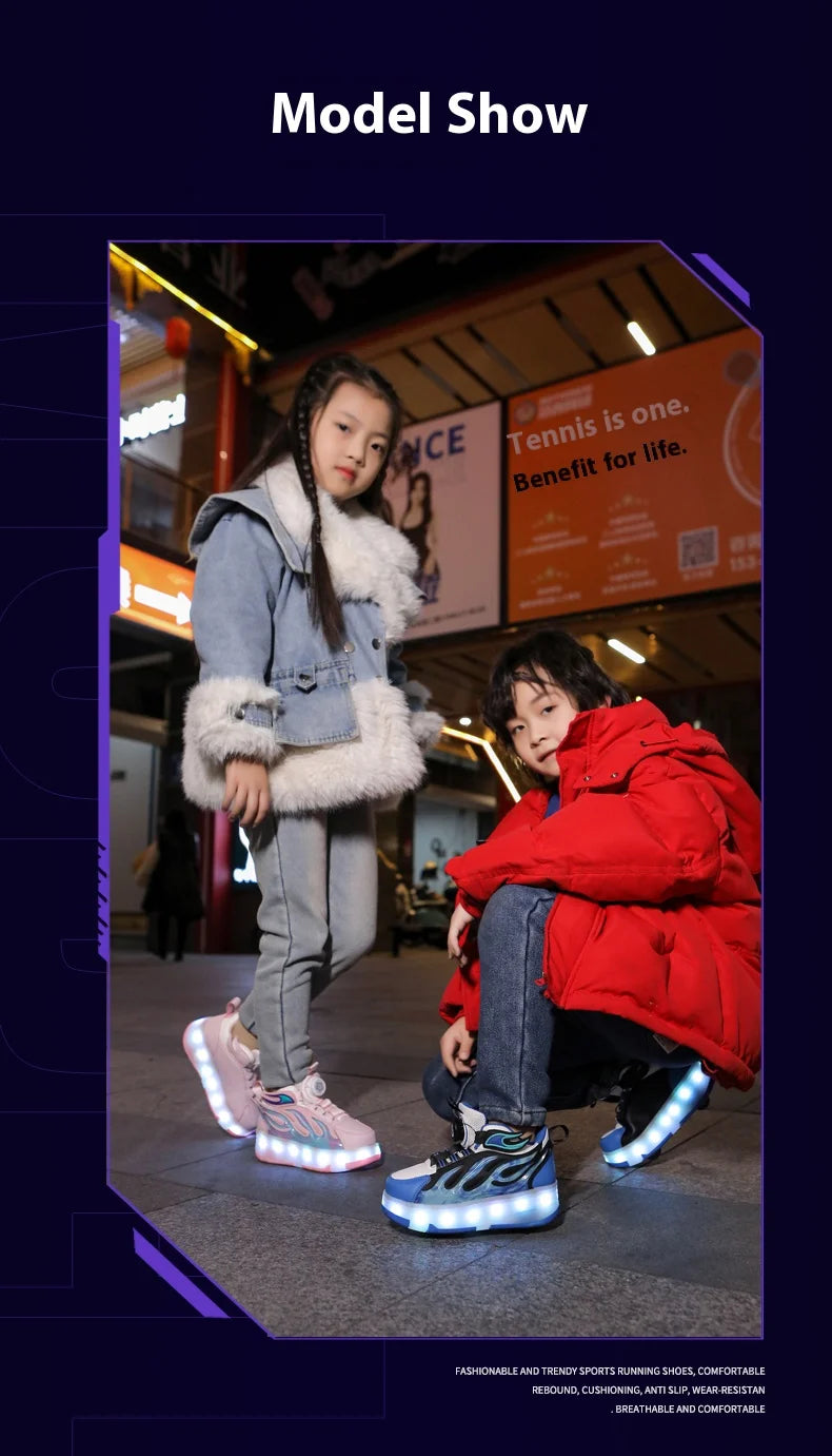 2025 New children's four-wheel novice light up rotary button automatic shrinkage fast walking shoes for boys sneakers