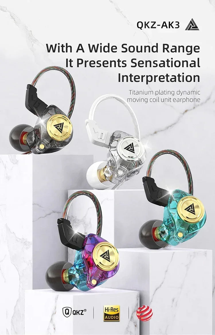 QKZ AK3 FiLe Wired Earphone Microphone HiFi Music Monitor Bass Headphones Noise Cancelling Headset for Sport  Gaming Accessories