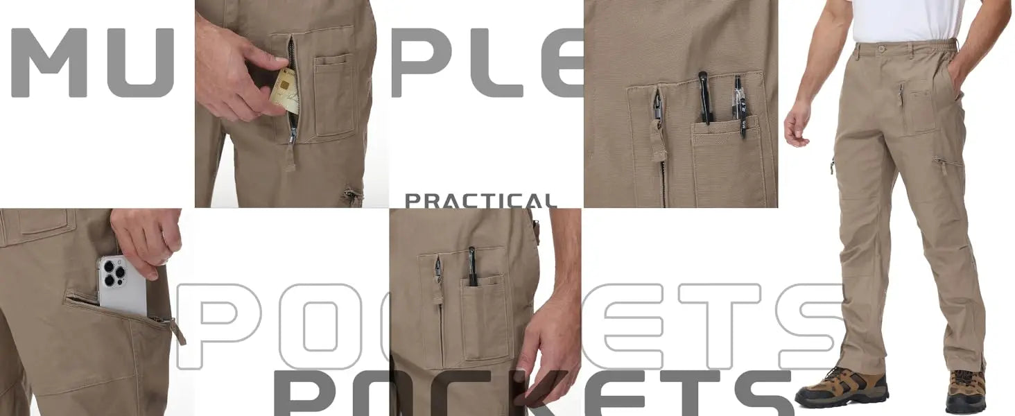 TACVASEN Safari Ripstops Multi-Pockets Work Pants Mens Outdoor Cargo Pants Spring Autumn Casual Cotton Hiking Combat Trousers