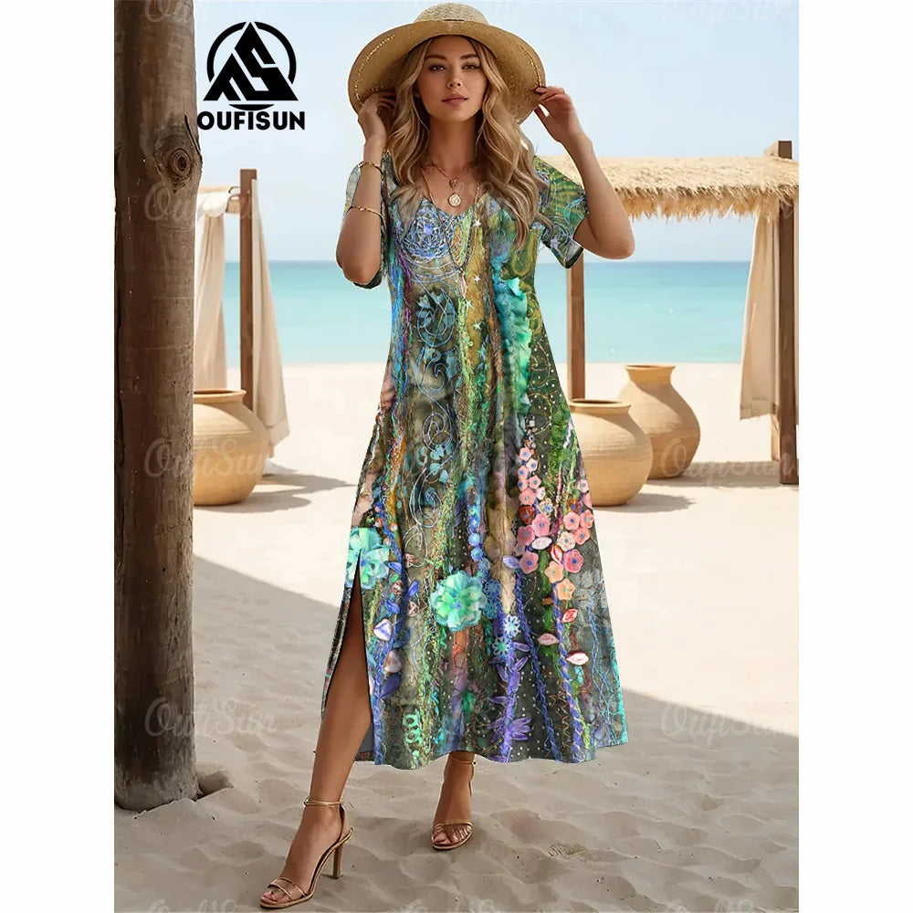 Elegant Womens Dresses Summer V-Neck Women's Clothing Vintage Woman Long Dress Fashions Evening Dress Loose Oversize Pullover