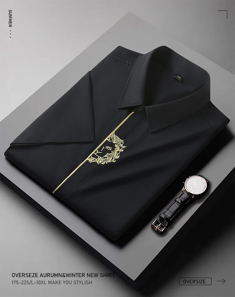 Upto 10XL Size Short Sleeve Embroidered Shirt Men's Casual Loose Oversized Black and White Short Sleeve Shirt Summer