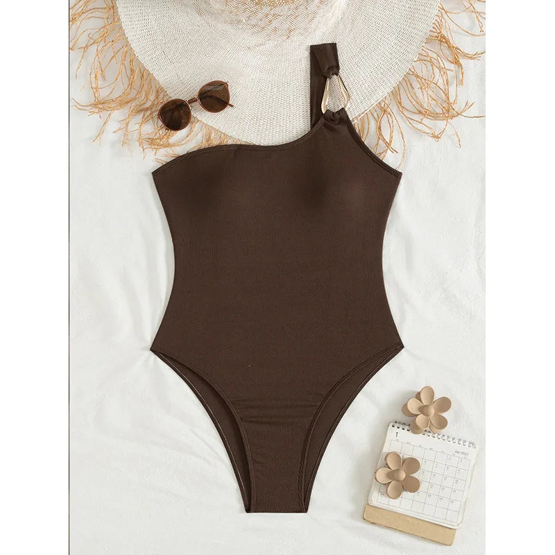 Sexy Women One Piece Swimsuit Female Swimwear 2025 Oval One Shoulder Monokini Swimming Suit Beachwear Bathing Suit Biquini Brown