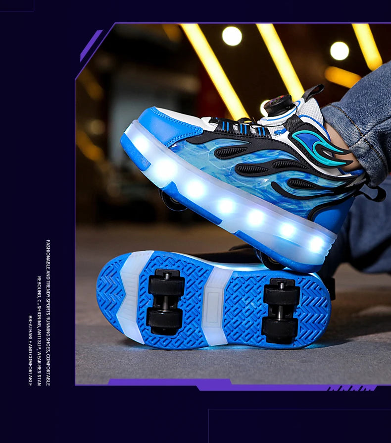 2025 New children's four-wheel novice light up rotary button automatic shrinkage fast walking shoes for boys sneakers