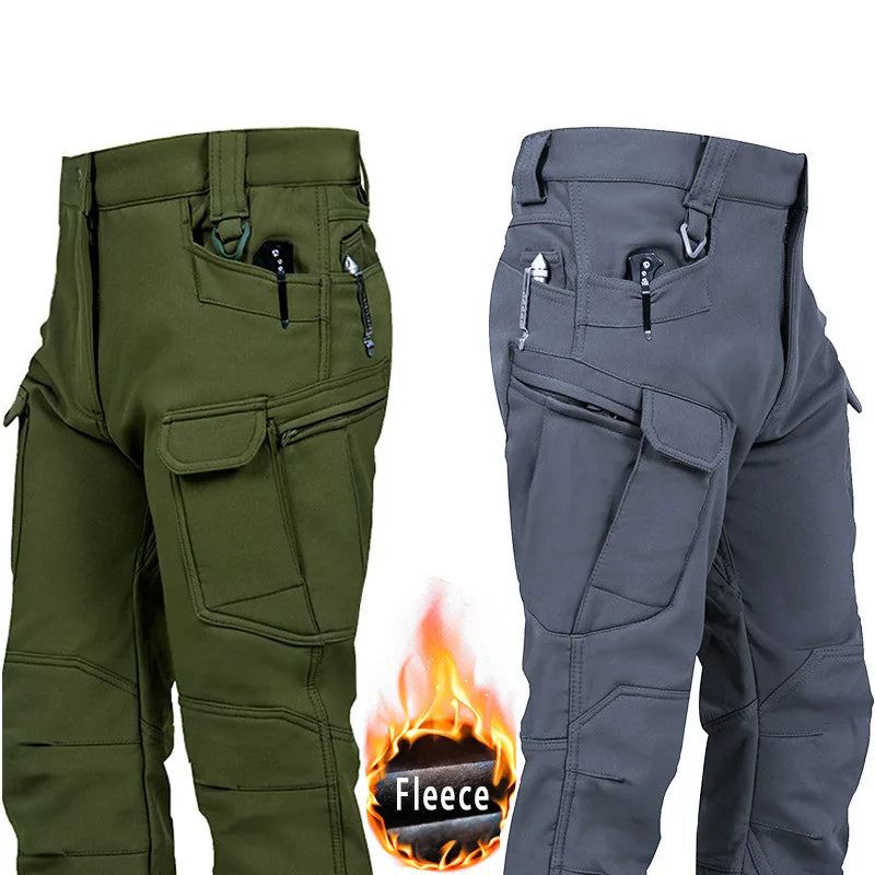 Fleece Lined Tactical Cargo Pants Men's Warm Thickened Outdoor Softshell Trousers Multi-Pocket Work Hiking Climbing Casual Wear