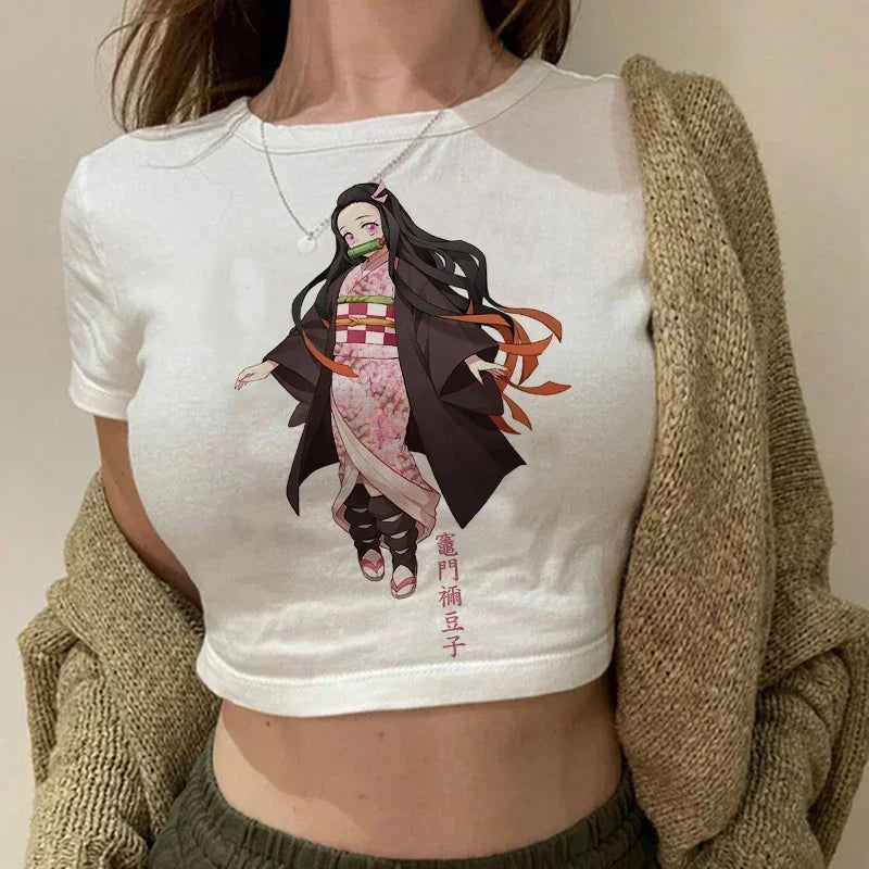 90s Manga Kimetsu No Yaiba Crop Top Demon Slayer T Shirt Women Y2k Nezuko Japanese Anime Tshirt Tanjirou Kamado Cropped Female