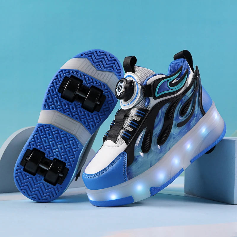 2025 New children's four-wheel novice light up rotary button automatic shrinkage fast walking shoes for boys sneakers